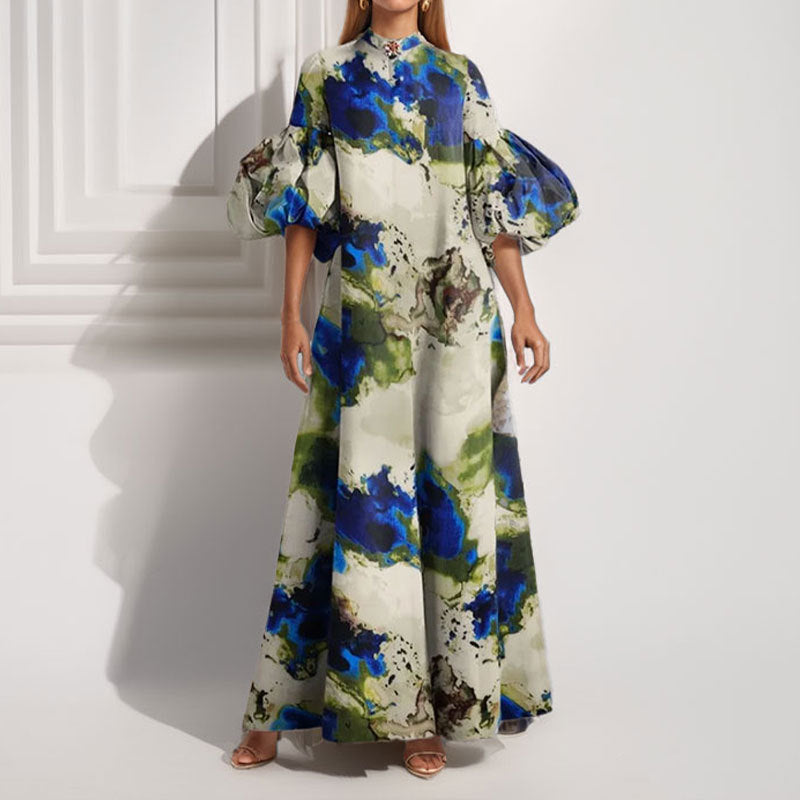 Damen Maxi-Kleid Volantärmel Abstrakt Muster
