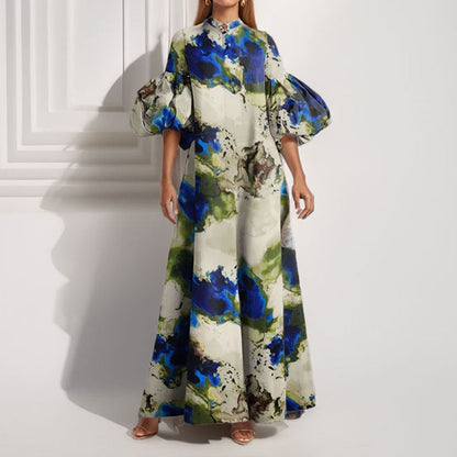 Damen Maxi-Kleid Volantärmel Abstrakt Muster