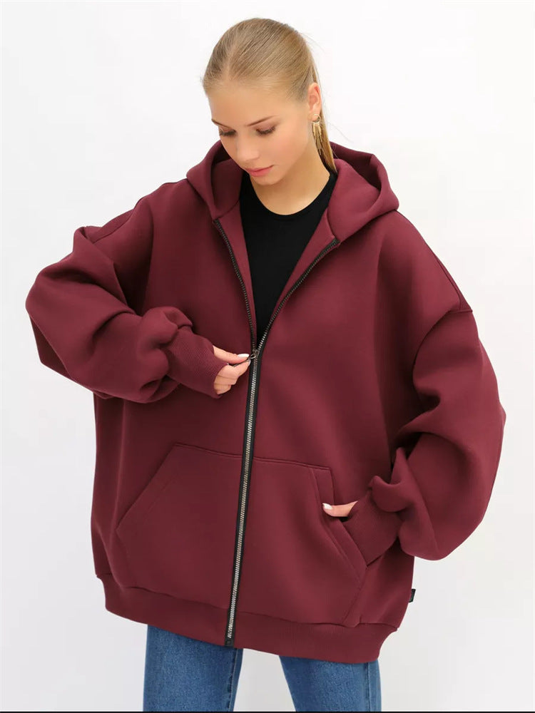 Damen Oversized Kapuzenjacke Hoch Bündchen Reißverschluss Eveloria