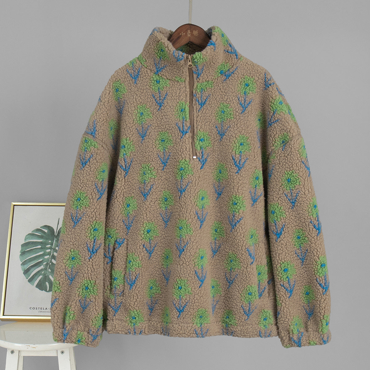Damen Fleece-Pullover Floralmuster Hochkragen Beige