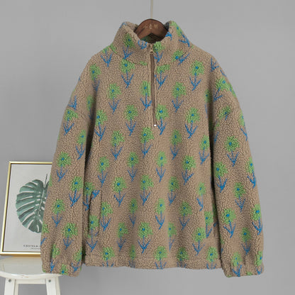 Damen Fleece-Pullover Floralmuster Hochkragen Beige