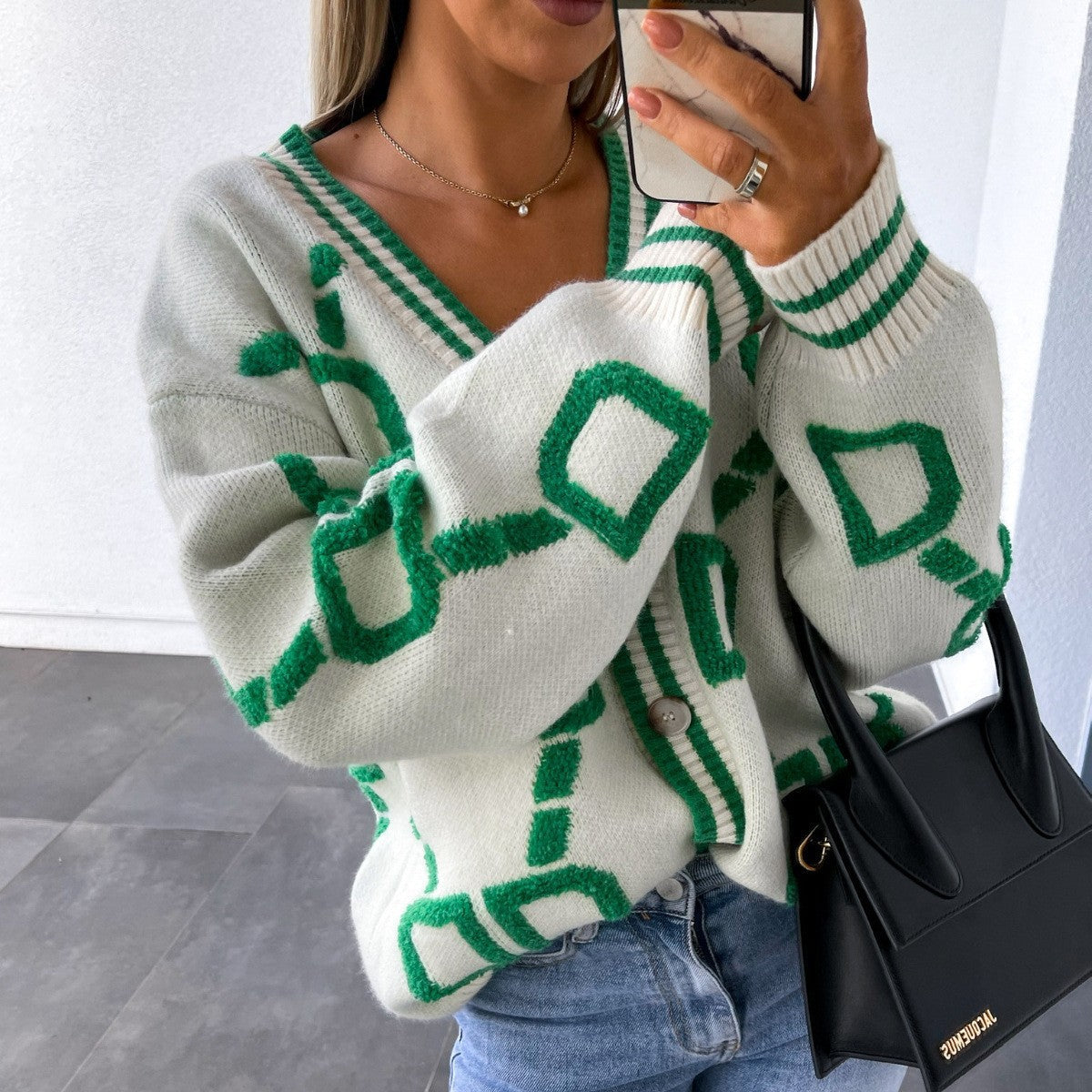 Damen Cardigan Geometrisches Muster Knopfleiste Anthrazit - Eveloria