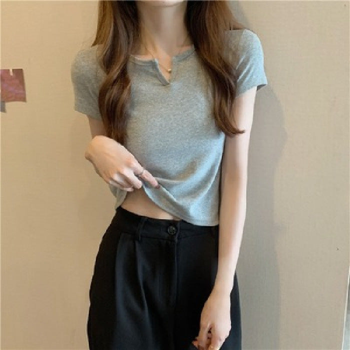 Damen T-Shirt Cropped Baumwolle Figurbetont Dunkelblau