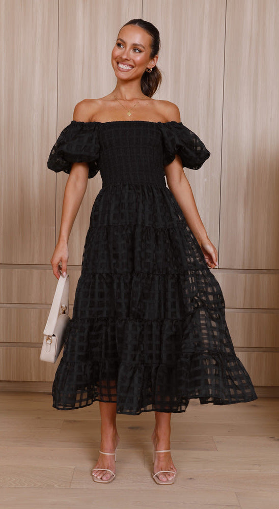 Damen Maxikleid Luftige Puffärmel Gerafftes Oberteil