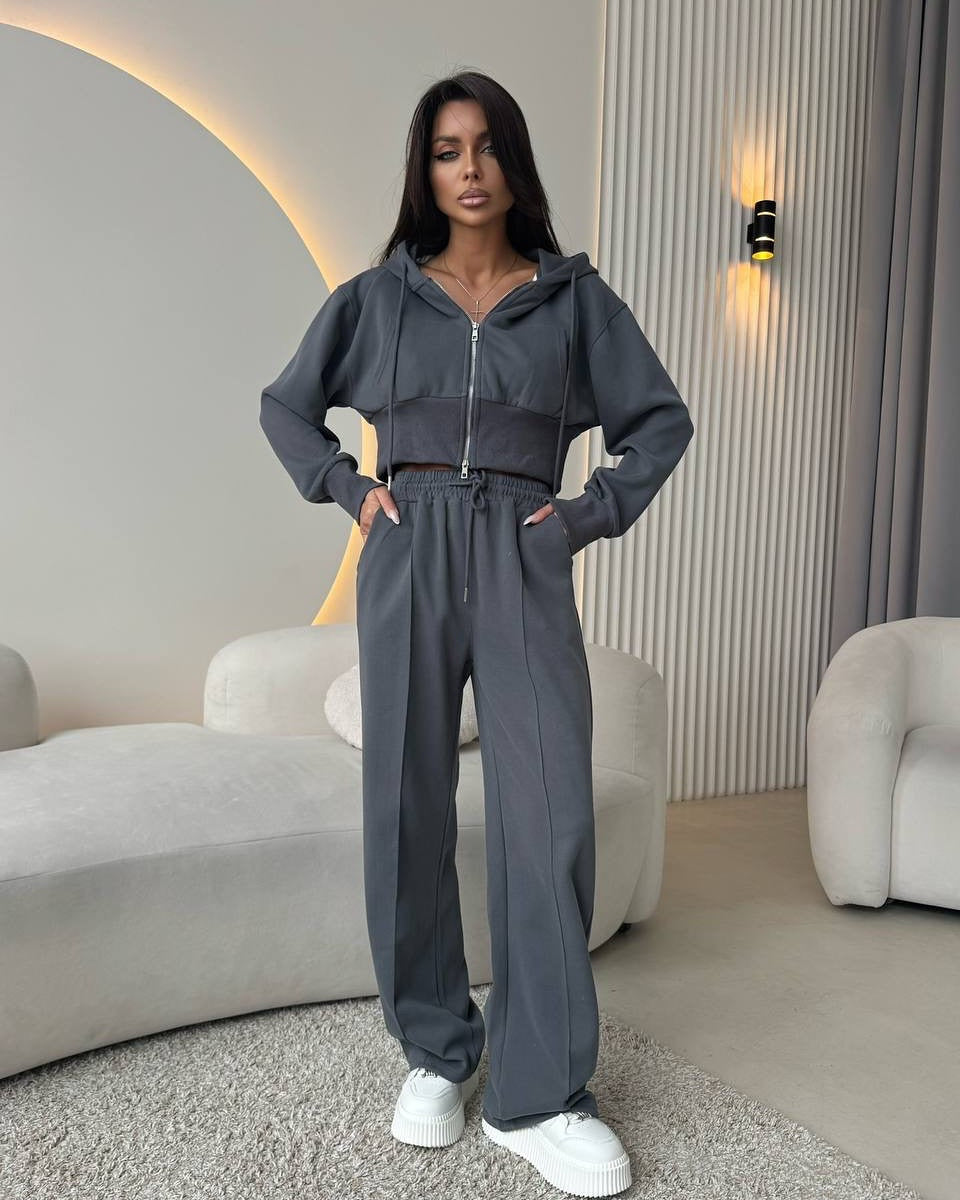 Damen Sportliches Zweiteiliges Set Cropped Hoodie Jogginghosen