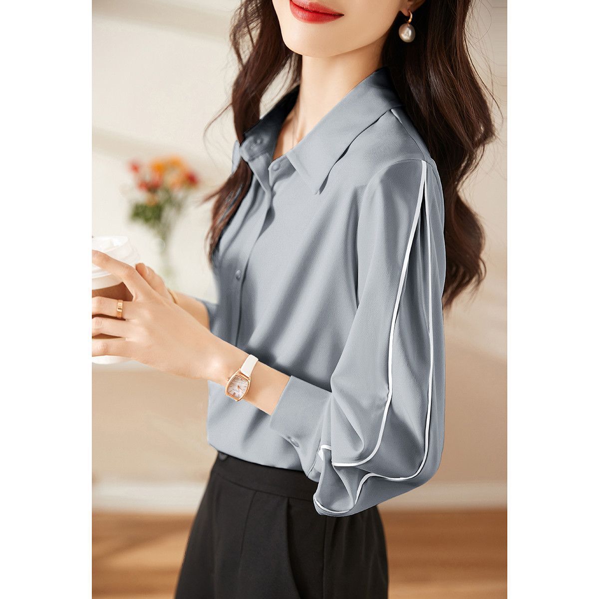 Damen Bluse Klassisch Knöpfe Elegantes Design Weiss