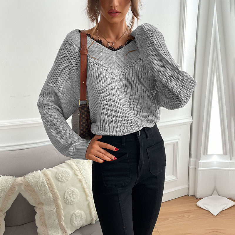 Damen Strickpullover V-Ausschnitt Locker Passform Beige