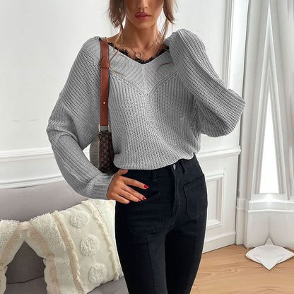 Damen Strickpullover V-Ausschnitt Locker Passform Beige
