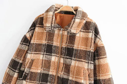 Damen Flanelljacke Karierter Stoff Kuschelig Beige