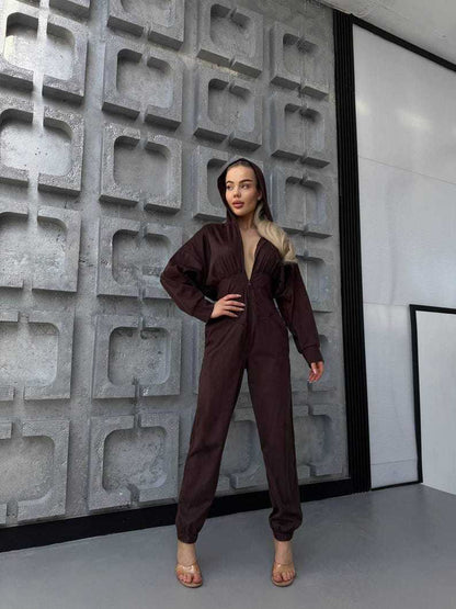 Damen Jumpsuit Tiefes Dekolleté Kapuze Eveloria