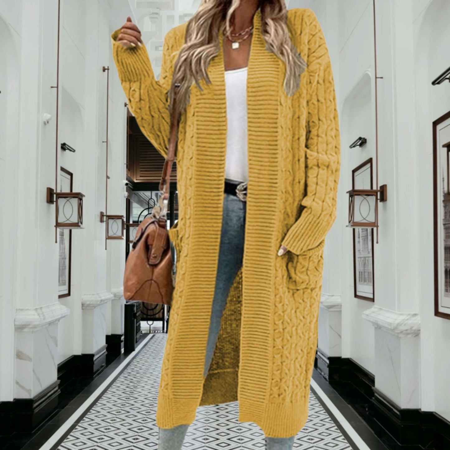 Damen Cardigan Grobstrick Offenes Design Mit Taschen Beige