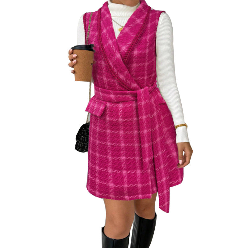 Damen Wickelkleid Karomuster Taillengürtel