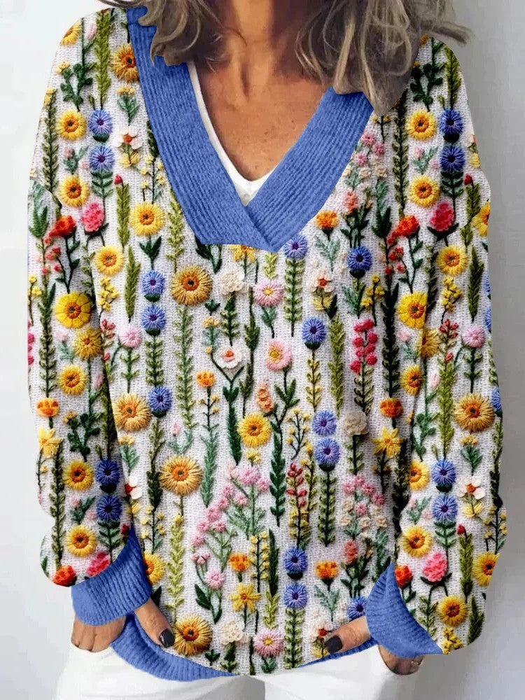 Damen Pullover V-Ausschnitt Floralmuster Lässig Eveloria