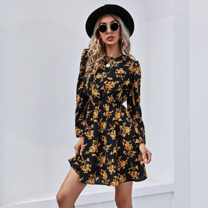 Damen Midikleid Blumenmuster Puffärmel Tailliert