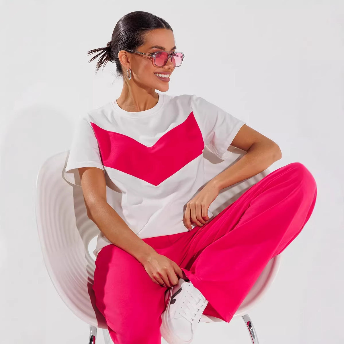 Damen T-Shirt Leichtes Oversized Farbblockdesign Weiß - Eveloria
