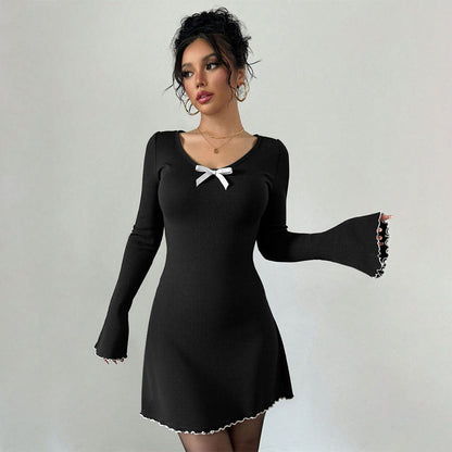 Damen Minikleid Rüschendetails Schleifendekor Eveloria