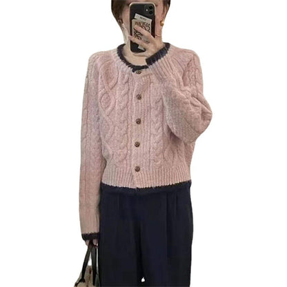 Damen Grobstrickcardigan Zopfmuster Elegante Knöpfe Beige