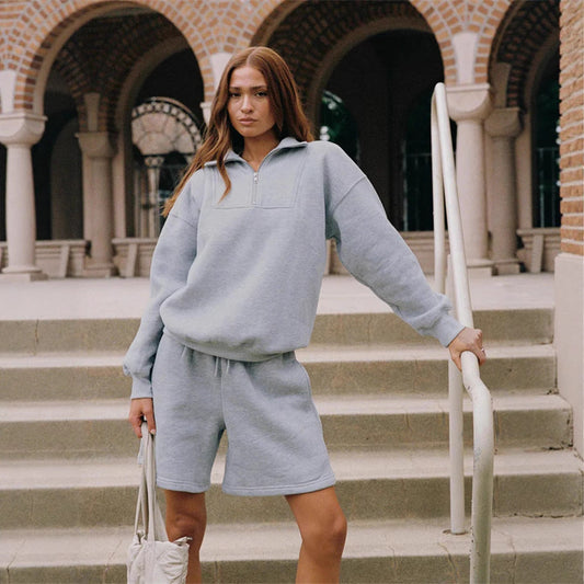Damen Sweatshirt-Short-Anzug Stehkragen Reißverschluss Grau - Eveloria