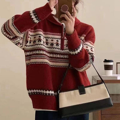 Damen Grobstrickpullover Kängurutasche Stehkragen Beige