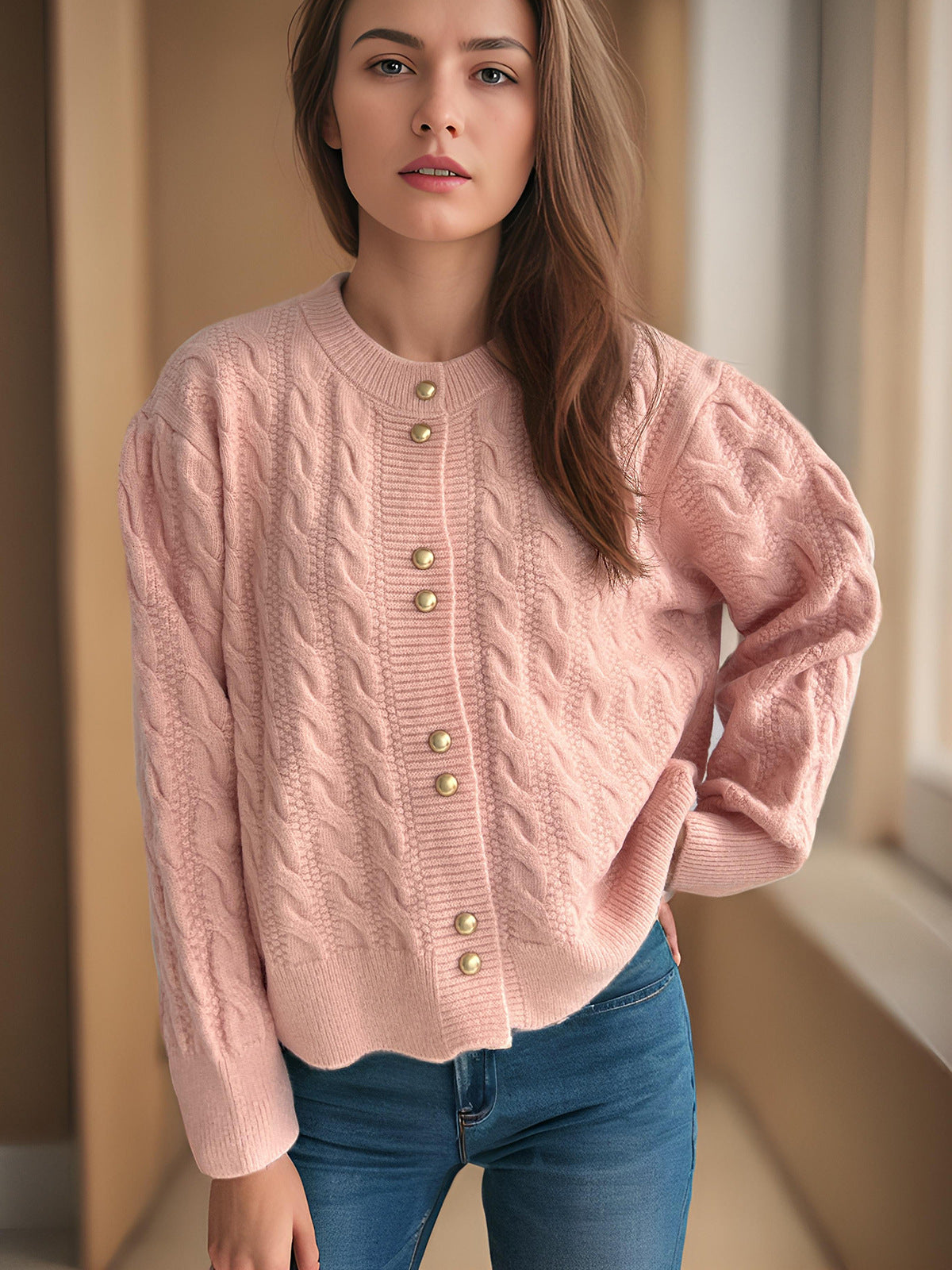 Damen Grobstrickjacke Kabelmuster Dekorative Knöpfe