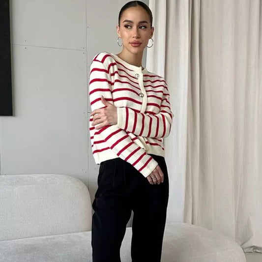 Damen Strickjacke Gestreift mit Knöpfen Eveloria - Eveloria