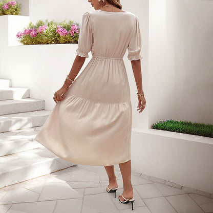 Damen Midi-Kleid Knopfdetail Voluminöse Ärmel Eveloria