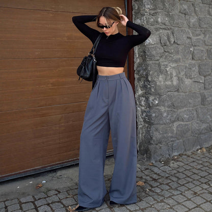 Damen Hochtaillierter Anzug Weites Bein Knopfdetails Schwarz Eveloria - Eveloria