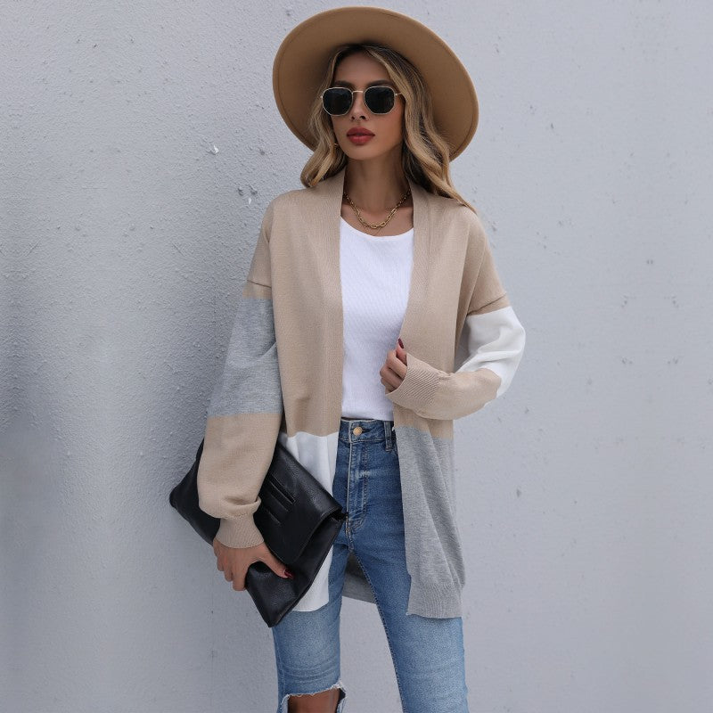 Damen Cardigan Lang Weiches Strickmaterial Farbblock Muster