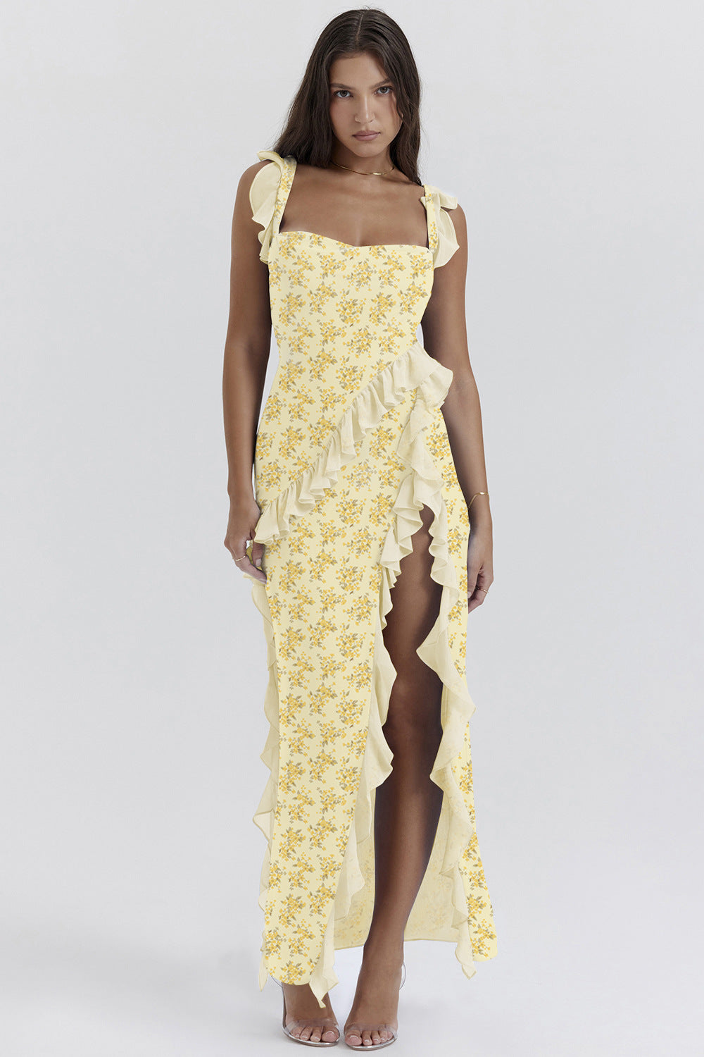 Damen Asymmetrisches Kleid Rüschendetails Floralmuster Eveloria