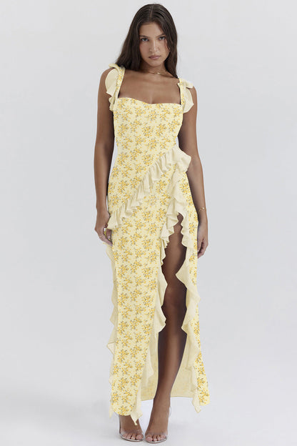 Damen Asymmetrisches Kleid Rüschendetails Floralmuster Eveloria