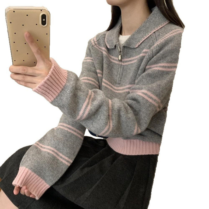 Damen Strickpullover Halbreißverschluss Gestreift Eveloria