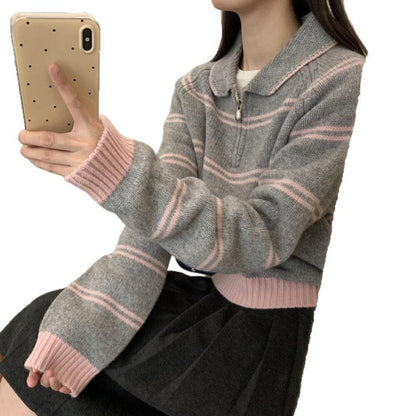 Damen Strickpullover Halbreißverschluss Gestreift Eveloria