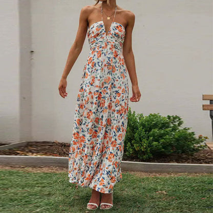 Damen Maxikleid V-Ausschnitt Raffung Romantik