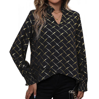 Damen Bluse Rautenmuster Hochkragen Elegantes Design