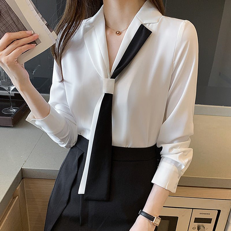 Damen Bluse mit Schleifenkragen und Kontrasten Eveloria