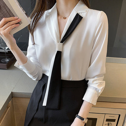 Damen Bluse mit Schleifenkragen und Kontrasten Eveloria