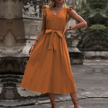 Damen Maxikleid V-Ausschnitt Taillengürtel Eveloria