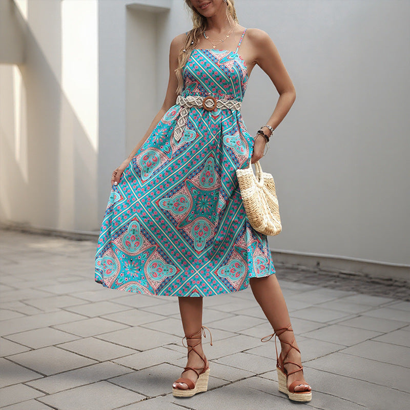 Damen Maxikleid Boho-Muster Spaghetti-Träger Eveloria - Eveloria