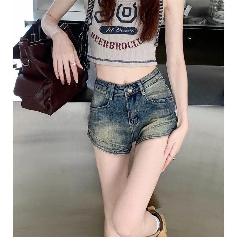 Damen High-Waist Jeans-Shorts mit Fransen