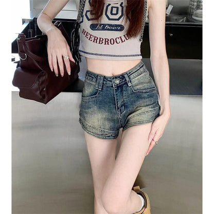 Damen High-Waist Jeans-Shorts mit Fransen