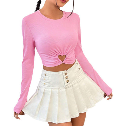 Damen Cropped Langarmshirt Herz-Ausschnitt Raffung