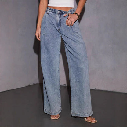 Damen Weite Jeanshose Hochbund Lässiger Schnitt Blau Eveloria - Eveloria