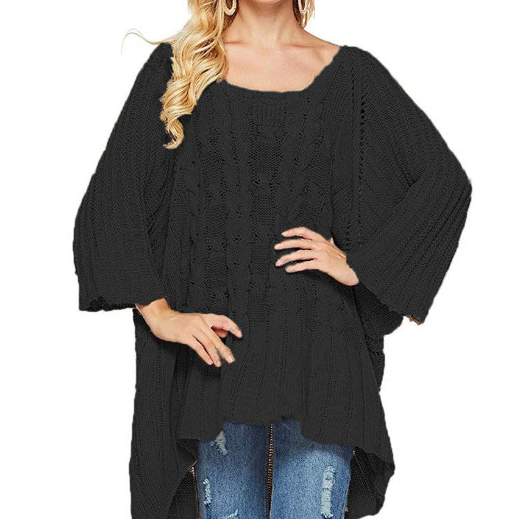 Damen Grobstrick-Poncho Zopfmuster Weite Ärmel Beige