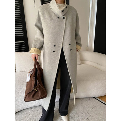 Damen Wollmantel Hochkragen Praktische Taschen Eveloria