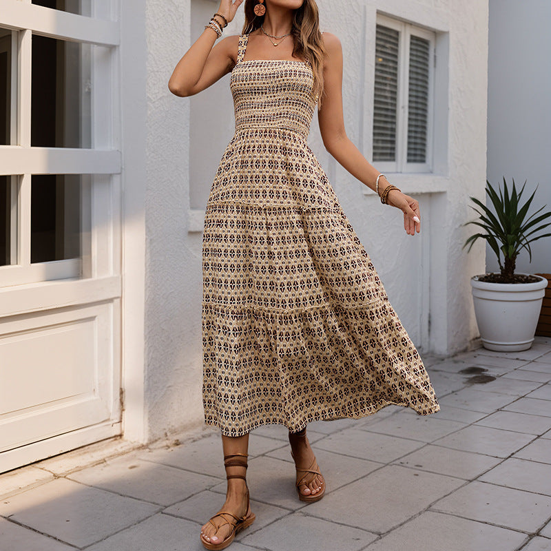 Damen Maxikleid Strukturierte Rüschen Geometrie-Druck Eveloria
