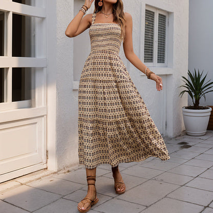 Damen Maxikleid Strukturierte Rüschen Geometrie-Druck Eveloria