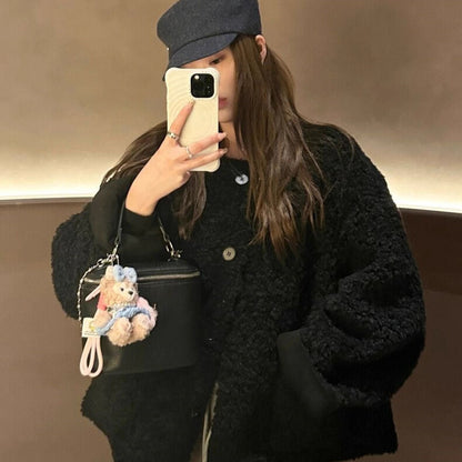 Damen Plüschjacke Kuschelig Knöpfe Beige