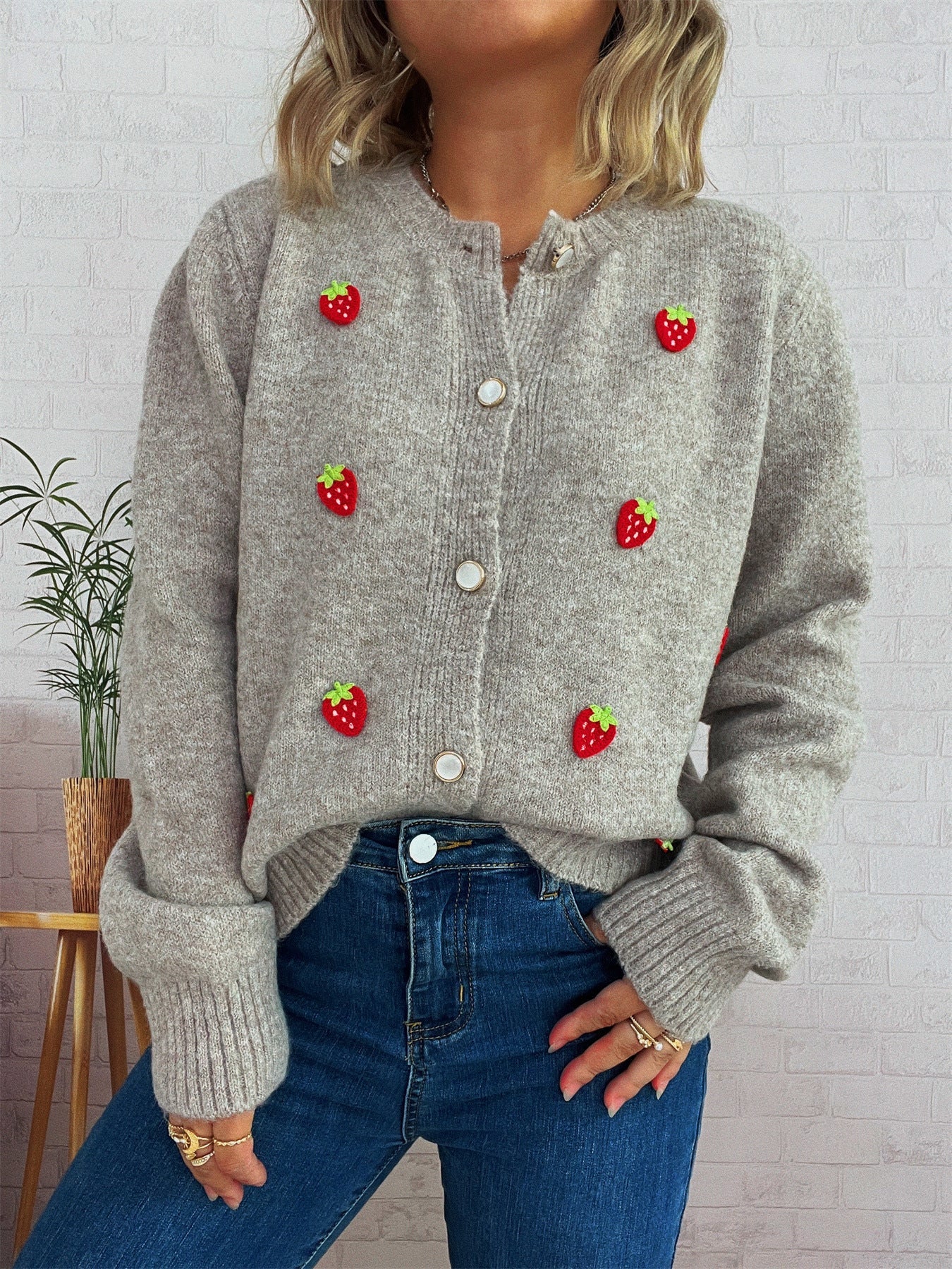 Damen Strickjacke Erdbeerdesign