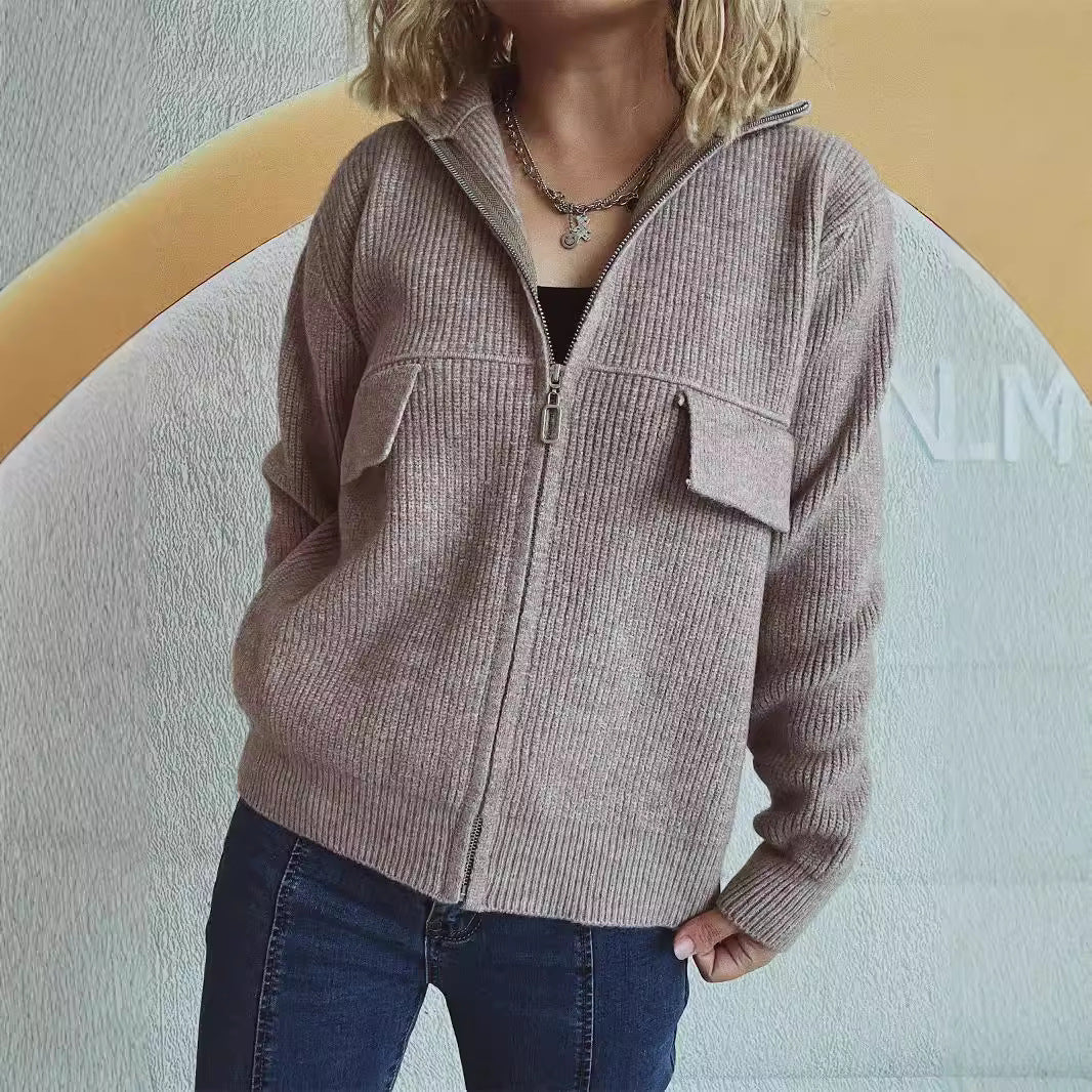 Damen Strickjacke Hochkragen Mit Taschen Anthrazit