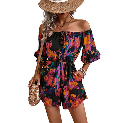 Damen Jumpsuit Off-Shoulder Rüschen Ärmel Eveloria